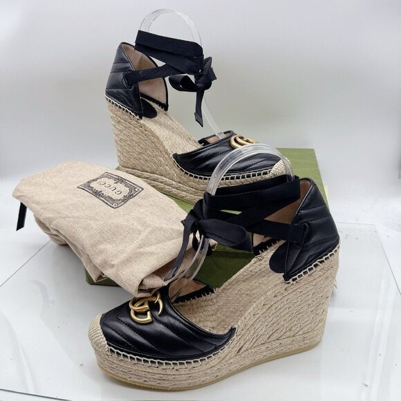 Gucci GG Marmont Platform MATELASSÉ Wedge Heels Espadrille Black Leather EU 40.5 - Picture 3 of 14